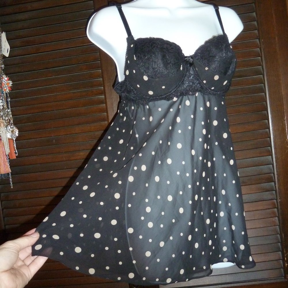 Dentelle Lace Mesh Chemise Babydoll Pjs Black w/Beige Polka Dot Underwire Cups M